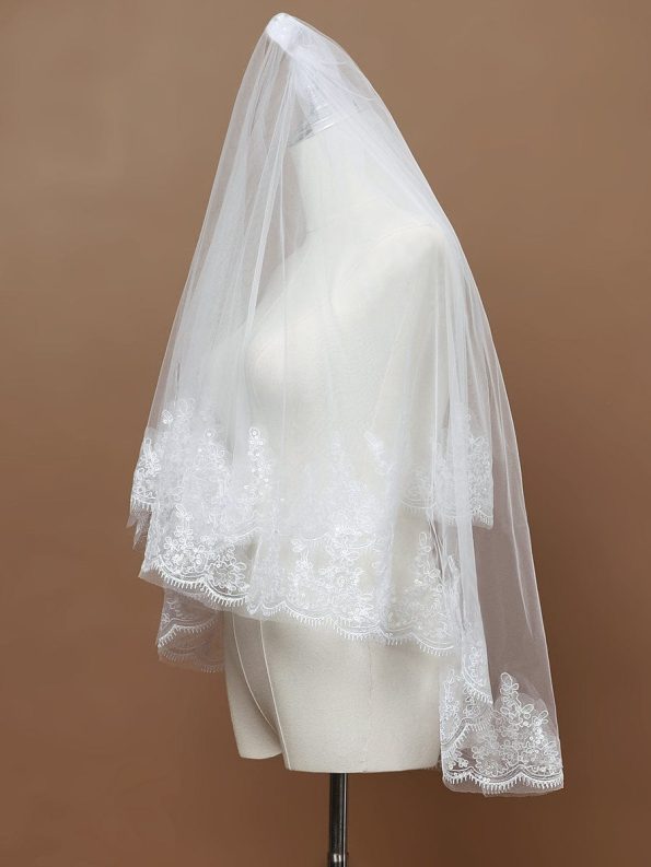 Double Tier Lace Applique Tulle Wedding Bridal Veil - Cream