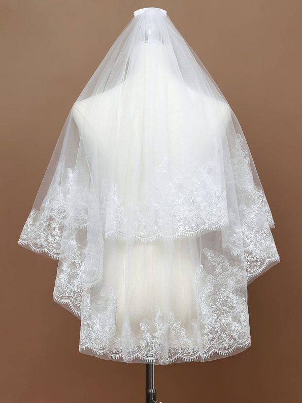 Double Tier Lace Applique Tulle Wedding Bridal Veil - Cream