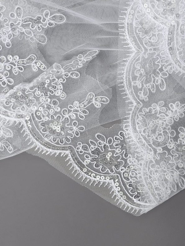 Double Tier Lace Applique Tulle Wedding Bridal Veil - Cream