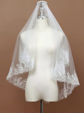 Double Tier Lace Applique Tulle Wedding Bridal Veil - Cream