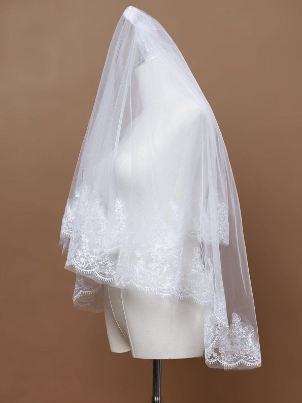 Double Tier Lace Applique Tulle Wedding Bridal Veil - White