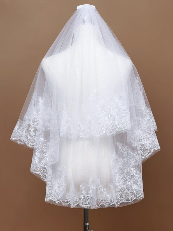 Double Tier Lace Applique Tulle Wedding Bridal Veil - White