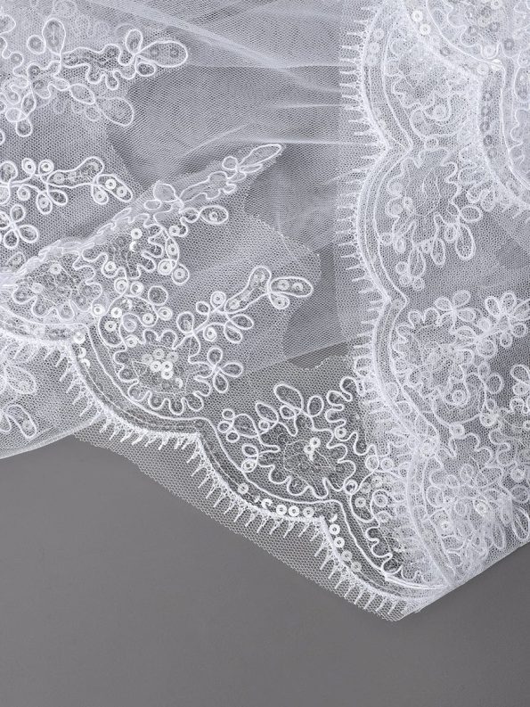 Double Tier Lace Applique Tulle Wedding Bridal Veil - White