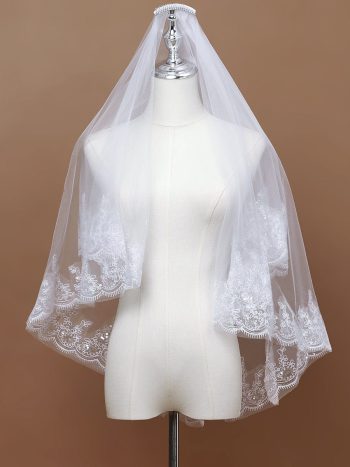 Double Tier Lace Applique Tulle Wedding Bridal Veil - White