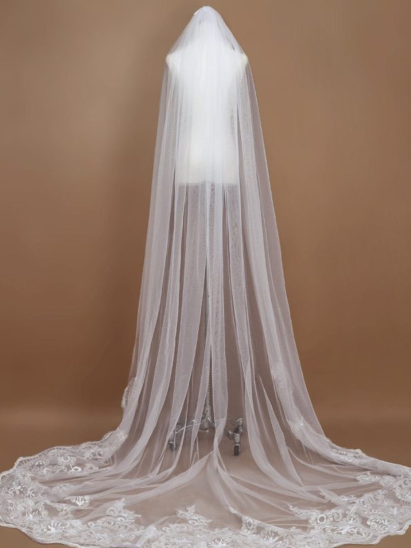 Romantic Wedding Sweep-Train Veil with Sequin Applique - Cream