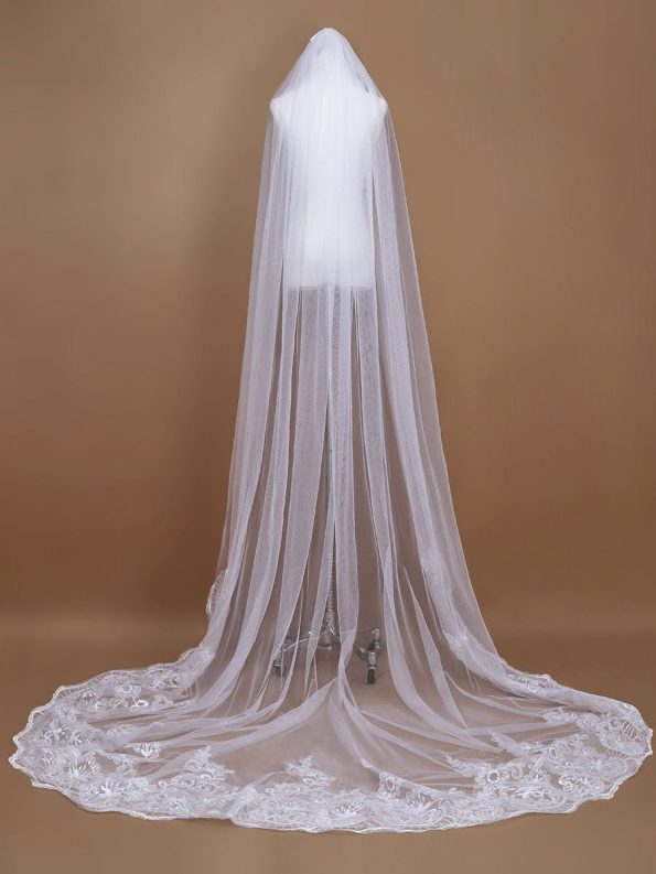 Romantic Wedding Sweep-Train Veil with Sequin Applique - White