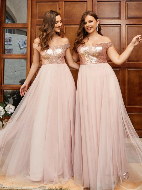 A-line Sequin Off the Shoulder Maxi Tulle Formal Evening Dress - Rose Gold