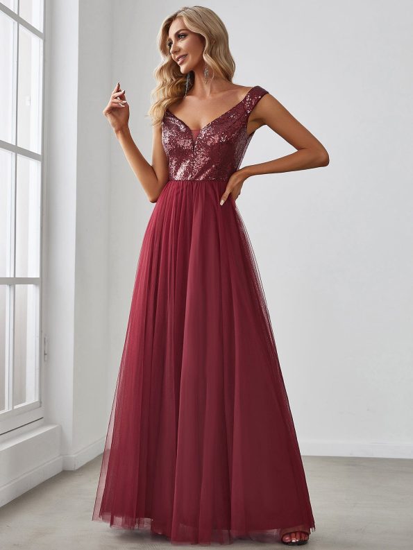 A-line Sequin Off the Shoulder Maxi Tulle Formal Evening Dress - Burgundy