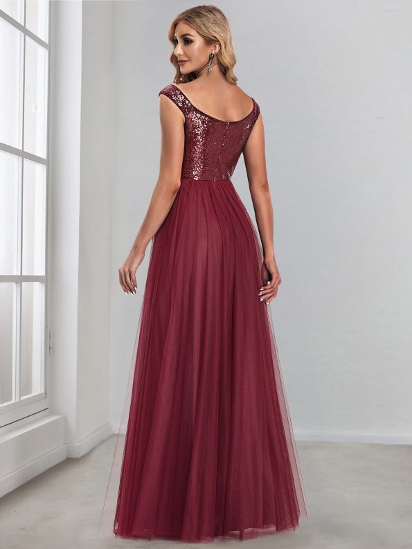 A-line Sequin Off the Shoulder Maxi Tulle Formal Evening Dress - Burgundy