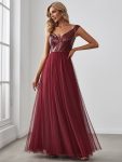 A-line Sequin Off the Shoulder Maxi Tulle Formal Evening Dress – Burgundy