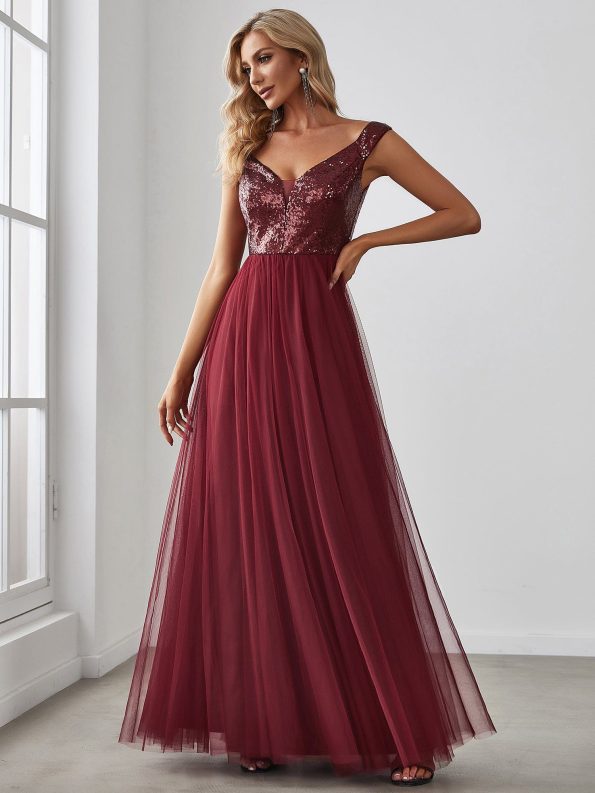 A-line Sequin Off the Shoulder Maxi Tulle Formal Evening Dress - Burgundy