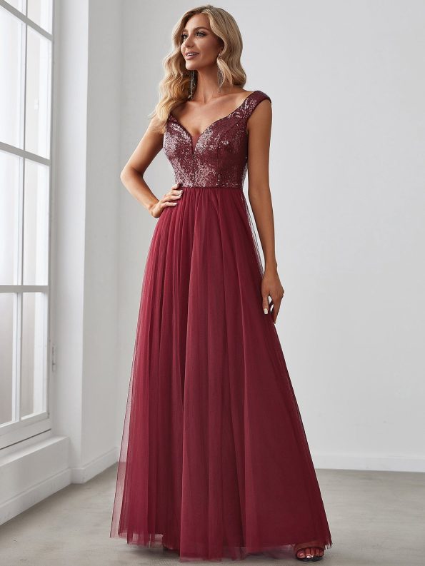 A-line Sequin Off the Shoulder Maxi Tulle Formal Evening Dress - Burgundy