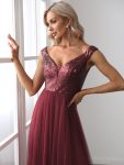 A-line Sequin Off the Shoulder Maxi Tulle Formal Evening Dress – Burgundy