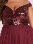 A-line Sequin Off the Shoulder Maxi Tulle Formal Evening Dress – Burgundy