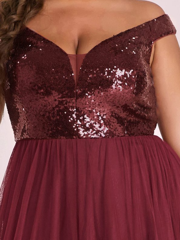 A-line Sequin Off the Shoulder Maxi Tulle Formal Evening Dress - Burgundy