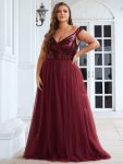 A-line Sequin Off the Shoulder Maxi Tulle Formal Evening Dress – Burgundy