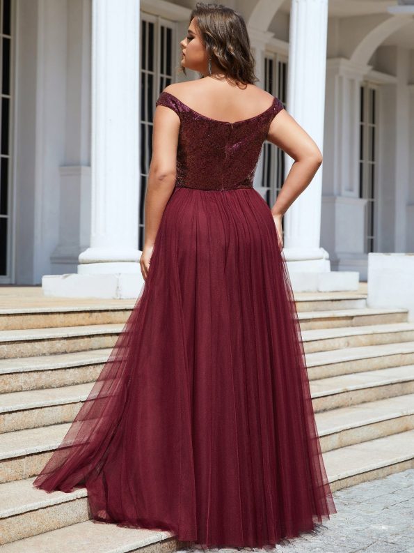 A-line Sequin Off the Shoulder Maxi Tulle Formal Evening Dress - Burgundy