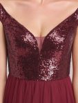 Shiny Sequin Bodice Off the Shoulder Maxi Tulle Evening Dress – Burgundy