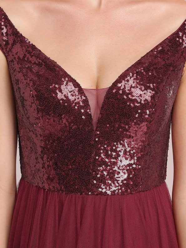 Shiny Sequin Bodice Off the Shoulder Maxi Tulle Evening Dress - Burgundy