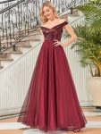 Shiny Sequin Bodice Off the Shoulder Maxi Tulle Evening Dress - Burgundy