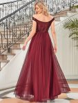 Shiny Sequin Bodice Off the Shoulder Maxi Tulle Evening Dress – Burgundy