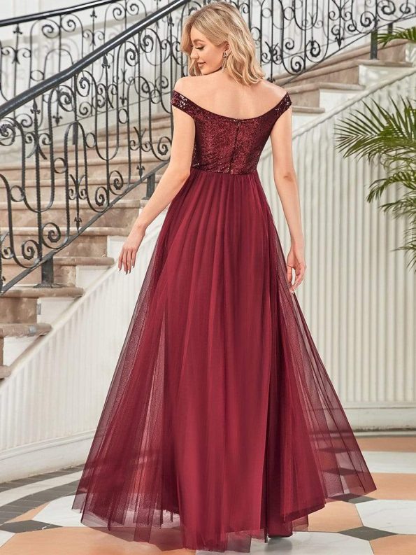 Shiny Sequin Bodice Off the Shoulder Maxi Tulle Evening Dress - Burgundy