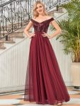 Shiny Sequin Bodice Off the Shoulder Maxi Tulle Evening Dress – Burgundy