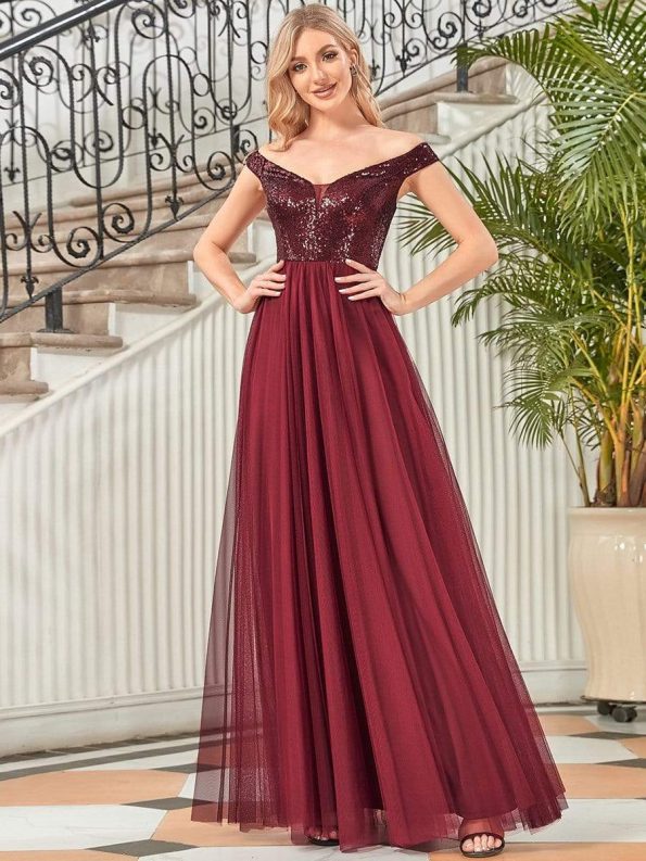 Shiny Sequin Bodice Off the Shoulder Maxi Tulle Evening Dress - Burgundy