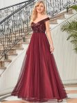 Shiny Sequin Bodice Off the Shoulder Maxi Tulle Evening Dress – Burgundy