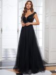 A-line Sequin Off the Shoulder Maxi Tulle Formal Evening Dress – Black