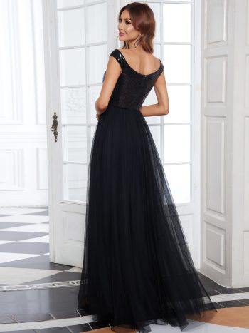 A-line Sequin Off the Shoulder Maxi Tulle Formal Evening Dress - Black
