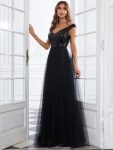 A-line Sequin Off the Shoulder Maxi Tulle Formal Evening Dress – Black