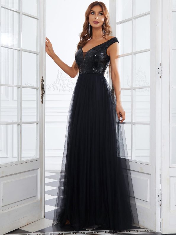 A-line Sequin Off the Shoulder Maxi Tulle Formal Evening Dress - Black