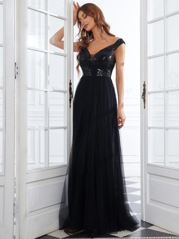 A-line Sequin Off the Shoulder Maxi Tulle Formal Evening Dress - Black