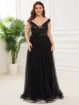 A-line Sequin Off the Shoulder Maxi Tulle Formal Evening Dress – Black