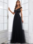 Shiny Sequin Bodice Off the Shoulder Maxi Tulle Evening Dress – Black