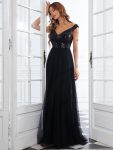 Shiny Sequin Bodice Off the Shoulder Maxi Tulle Evening Dress – Black