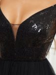 Shiny Sequin Bodice Off the Shoulder Maxi Tulle Evening Dress – Black