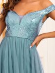 A-line Sequin Off the Shoulder Maxi Tulle Formal Evening Dress – Dusty Blue