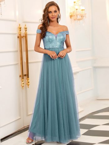 A-line Sequin Off the Shoulder Maxi Tulle Formal Evening Dress - Dusty Blue