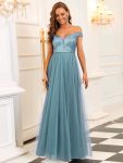 A-line Sequin Off the Shoulder Maxi Tulle Formal Evening Dress – Dusty Blue