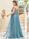 Shiny Sequin Bodice Off the Shoulder Maxi Tulle Evening Dress – Dusty Blue