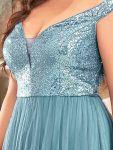 Shiny Sequin Bodice Off the Shoulder Maxi Tulle Evening Dress – Dusty Blue