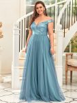 Shiny Sequin Bodice Off the Shoulder Maxi Tulle Evening Dress – Dusty Blue