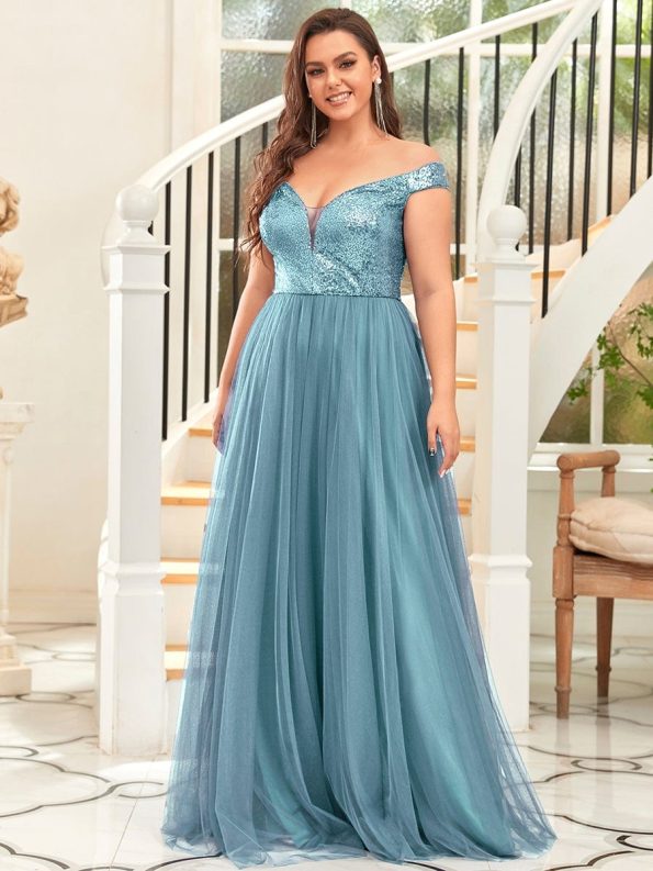 Shiny Sequin Bodice Off the Shoulder Maxi Tulle Evening Dress - Dusty Blue