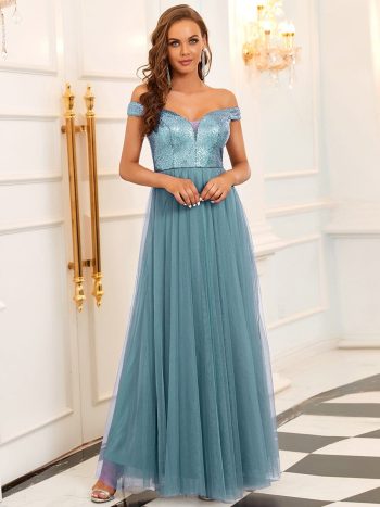 Shiny Sequin Bodice Off the Shoulder Maxi Tulle Evening Dress - Dusty Blue