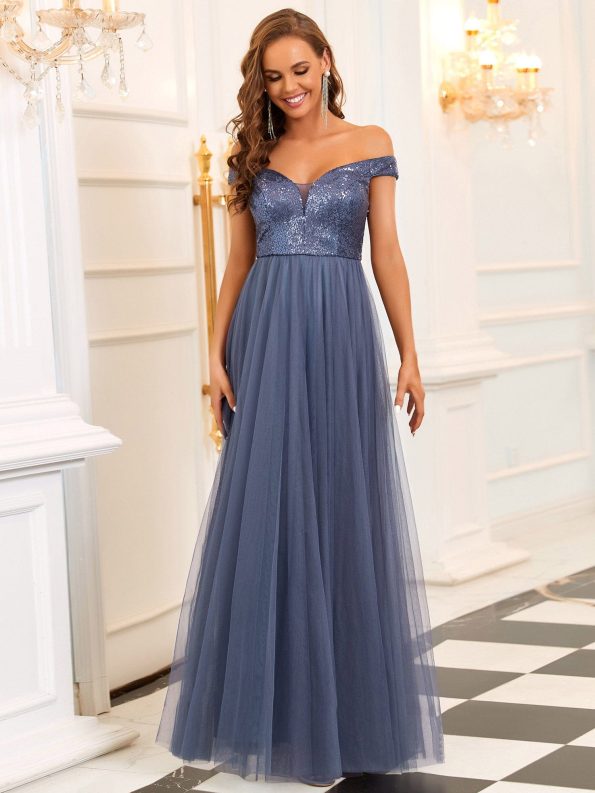 A-line Sequin Off the Shoulder Maxi Tulle Formal Evening Dress - Dusty Navy