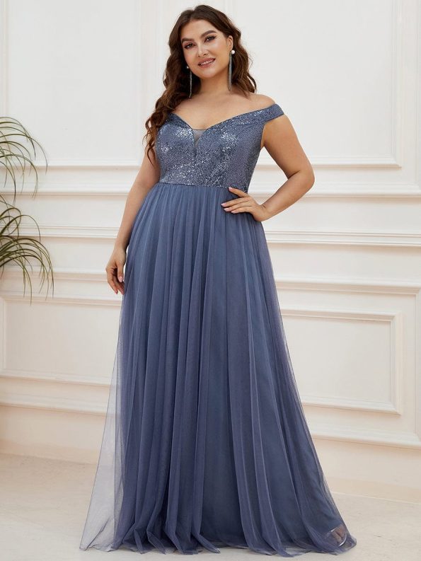 A-line Sequin Off the Shoulder Maxi Tulle Formal Evening Dress - Dusty Navy