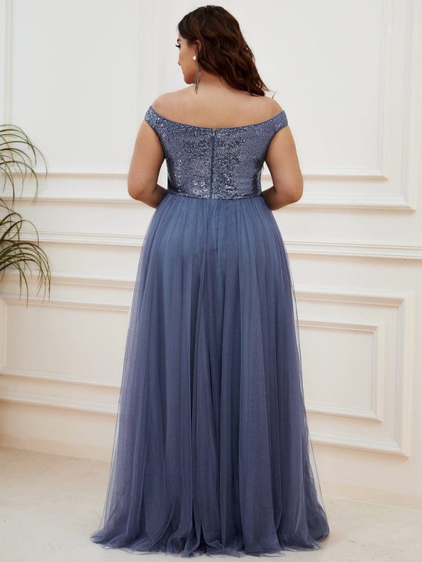 A-line Sequin Off the Shoulder Maxi Tulle Formal Evening Dress - Dusty Navy