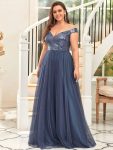 Shiny Sequin Bodice Off the Shoulder Maxi Tulle Evening Dress – Dusty Navy